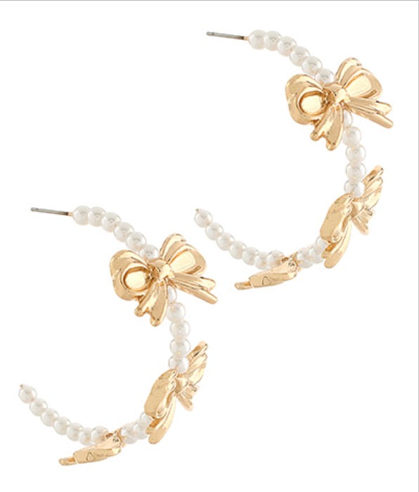 Bow Adorned Pearl Hoops