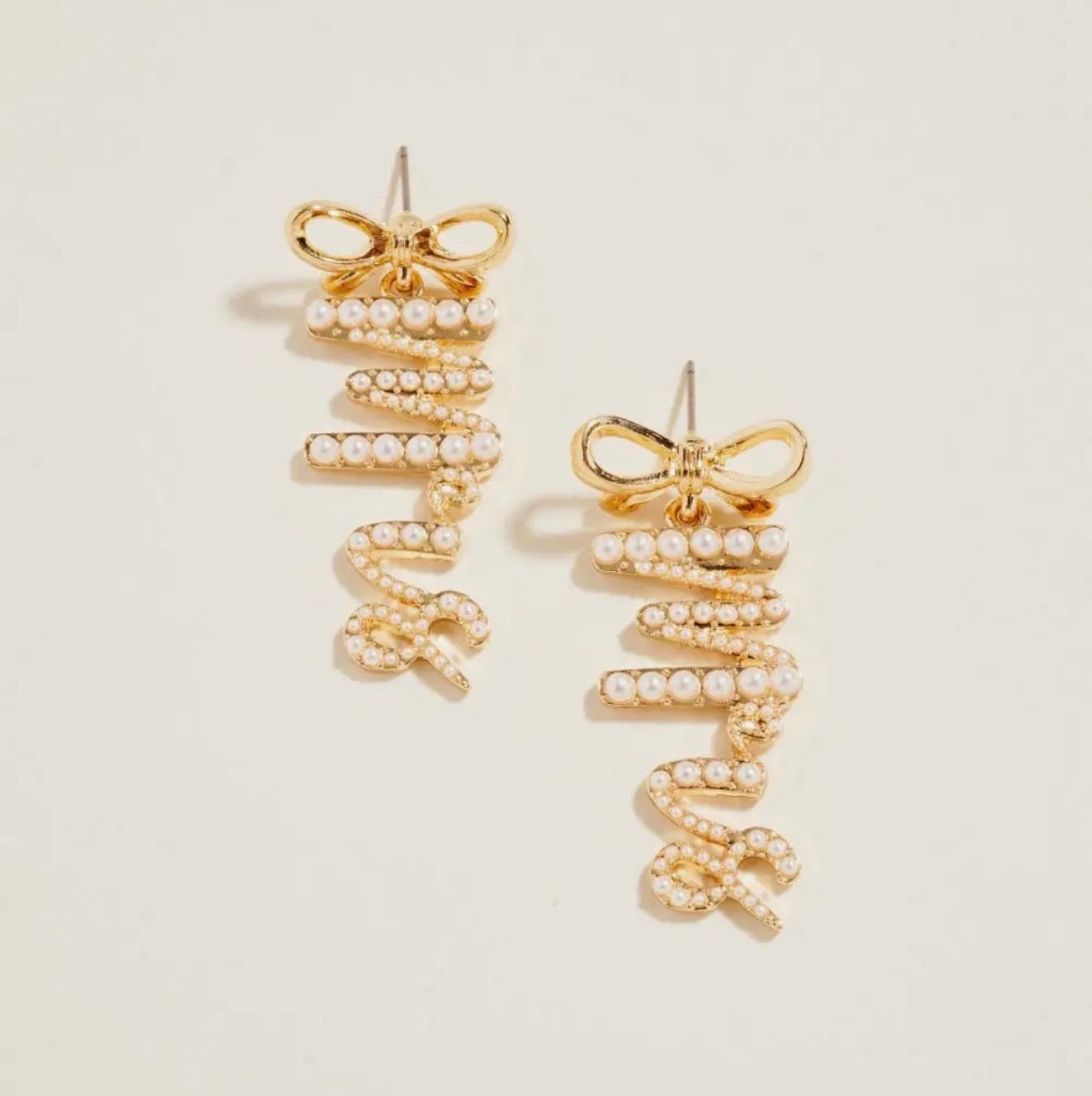 “Mrs” Pearl Ribbon Bow Drop Earrings