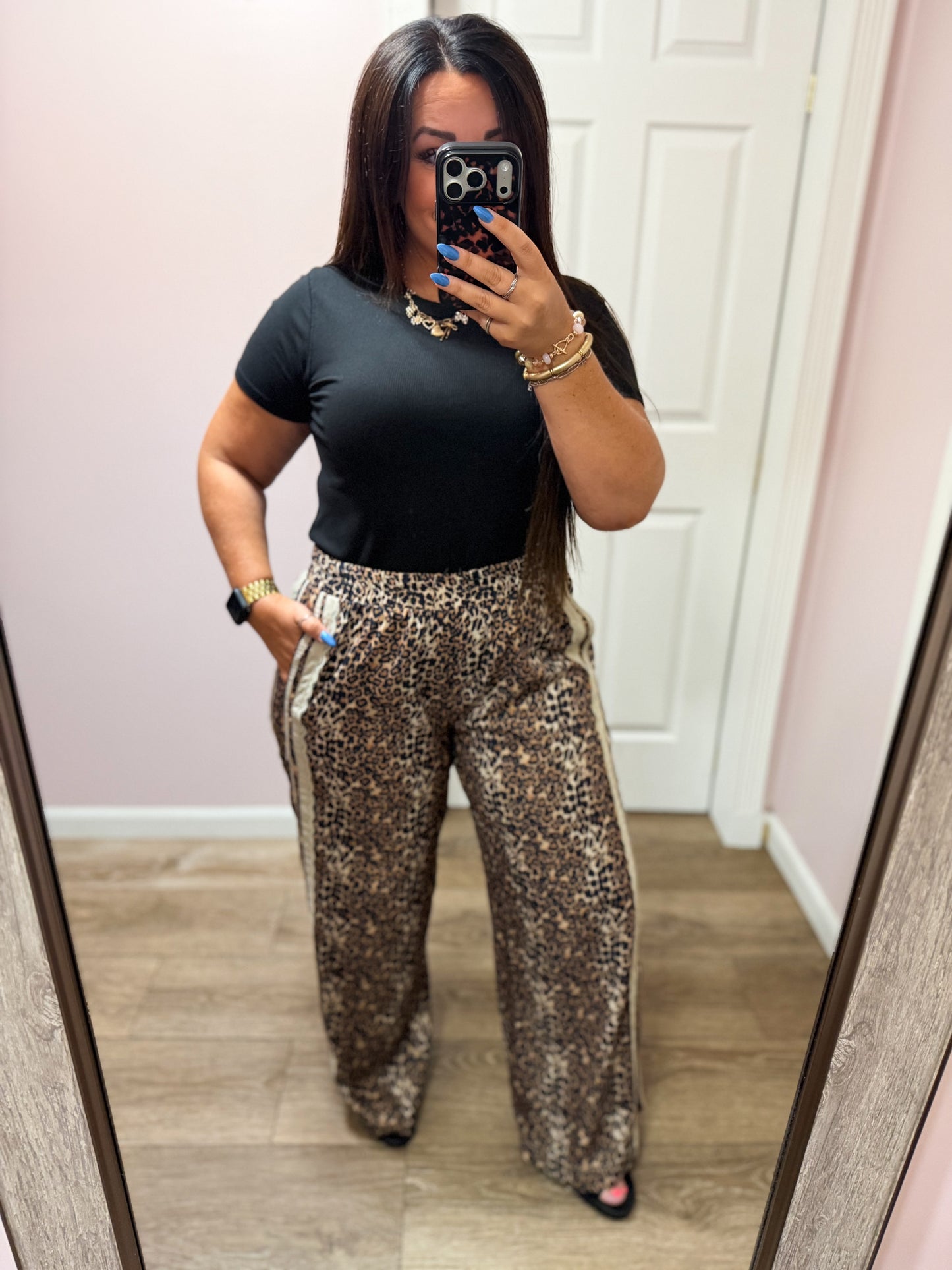Leopard Track Pants w/Lace Contrast Side