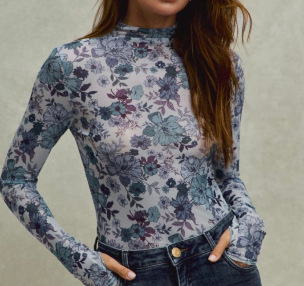 Floral Print Sheer Knit Top, Blue