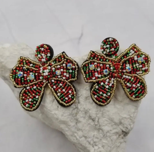 Christmas Beaded Bow Earrings