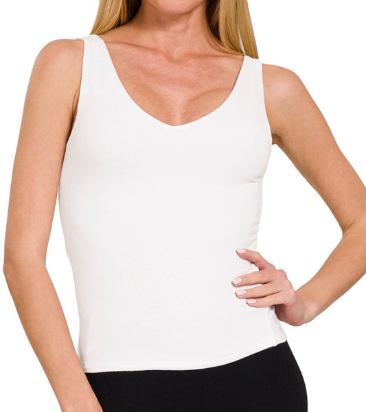 Double Layered V-Neck Tank, White