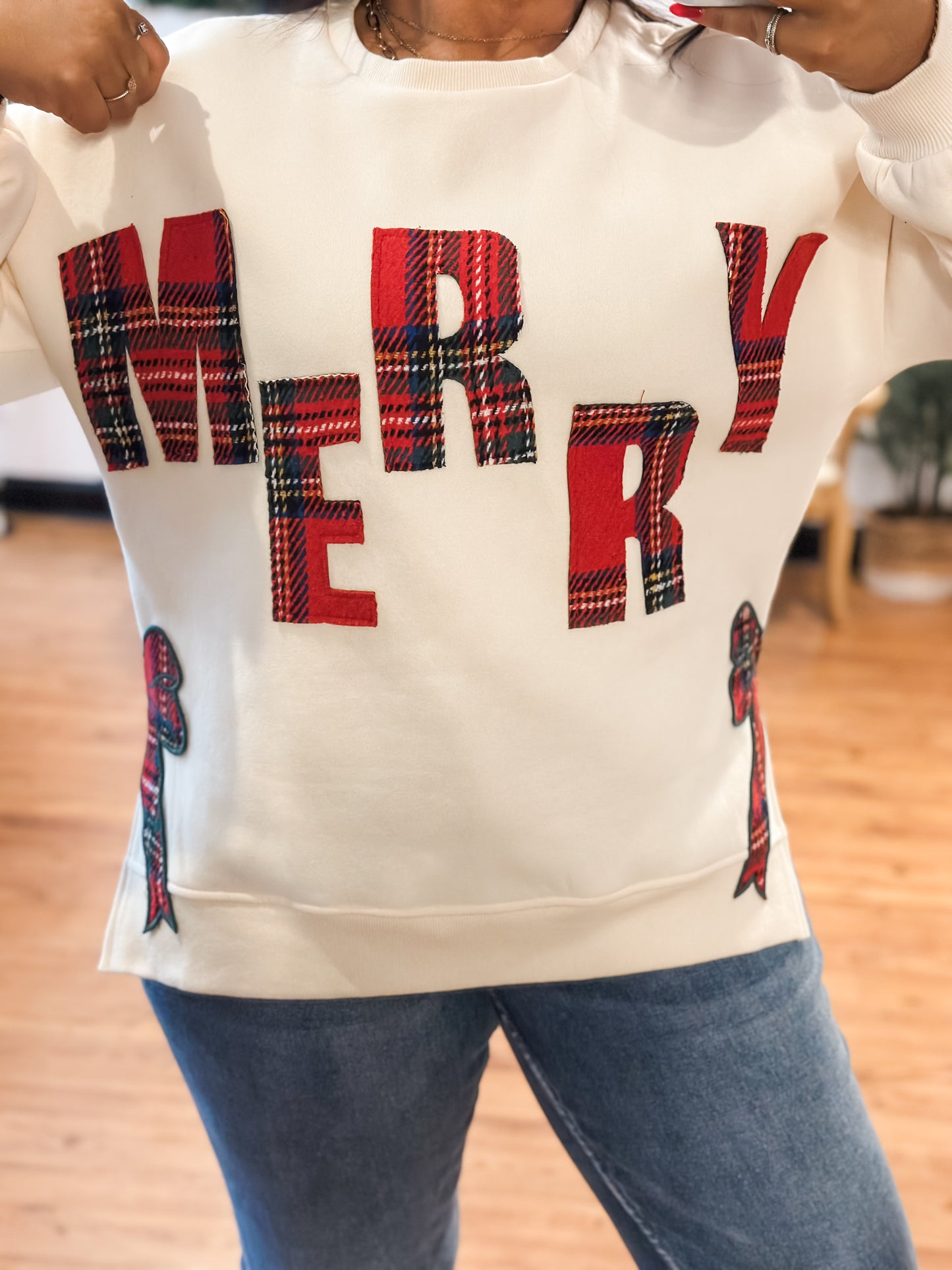 Plaid Merry Side Bow Pullover
