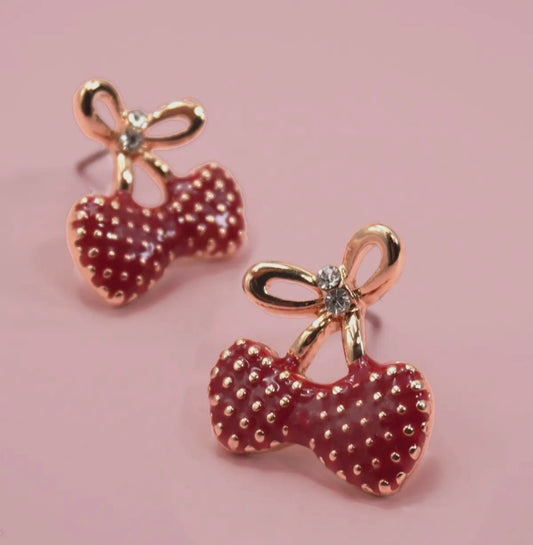 Bow Heart Cherry Stud Earrings