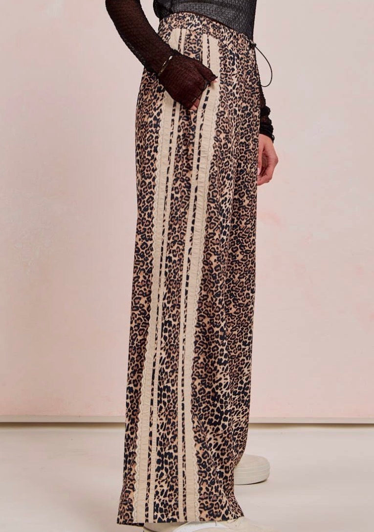 Leopard Track Pants w/Lace Contrast Side