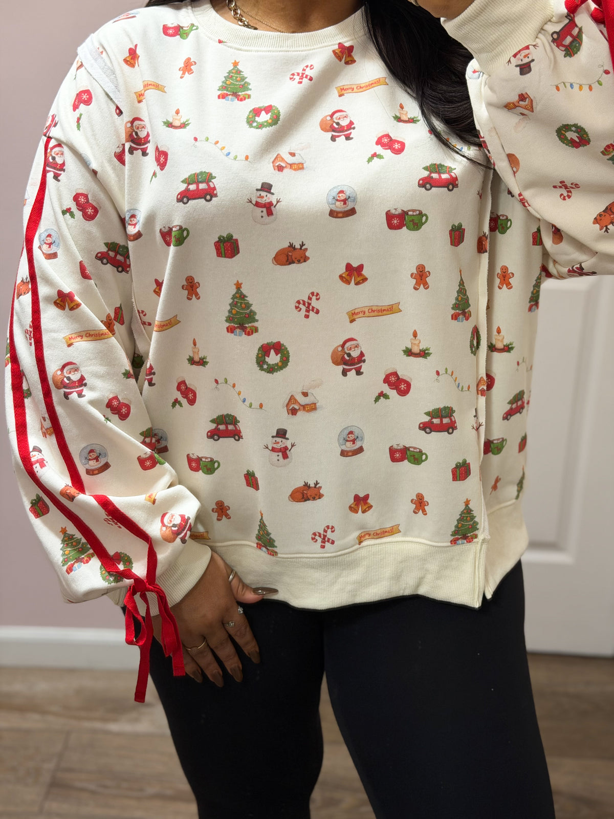 Christmas Icons Print Ribbon Sleeve Sweatshirt