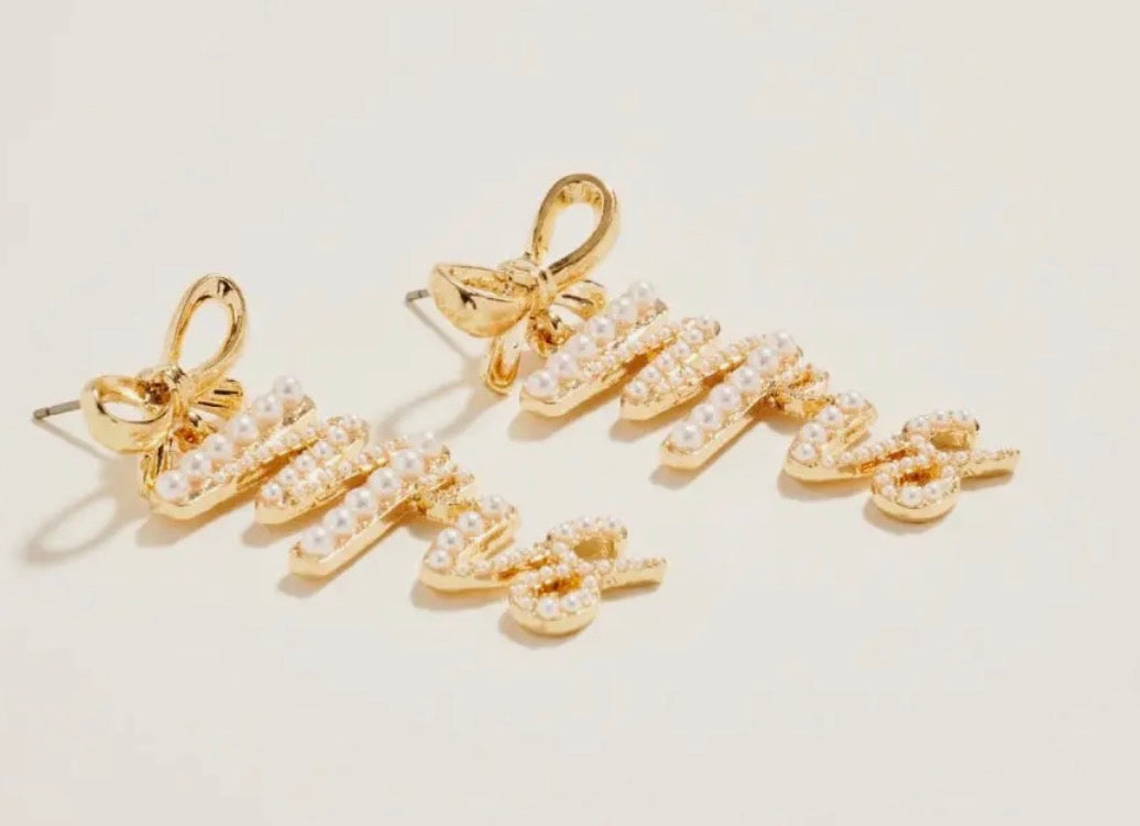 “Mrs” Pearl Ribbon Bow Drop Earrings