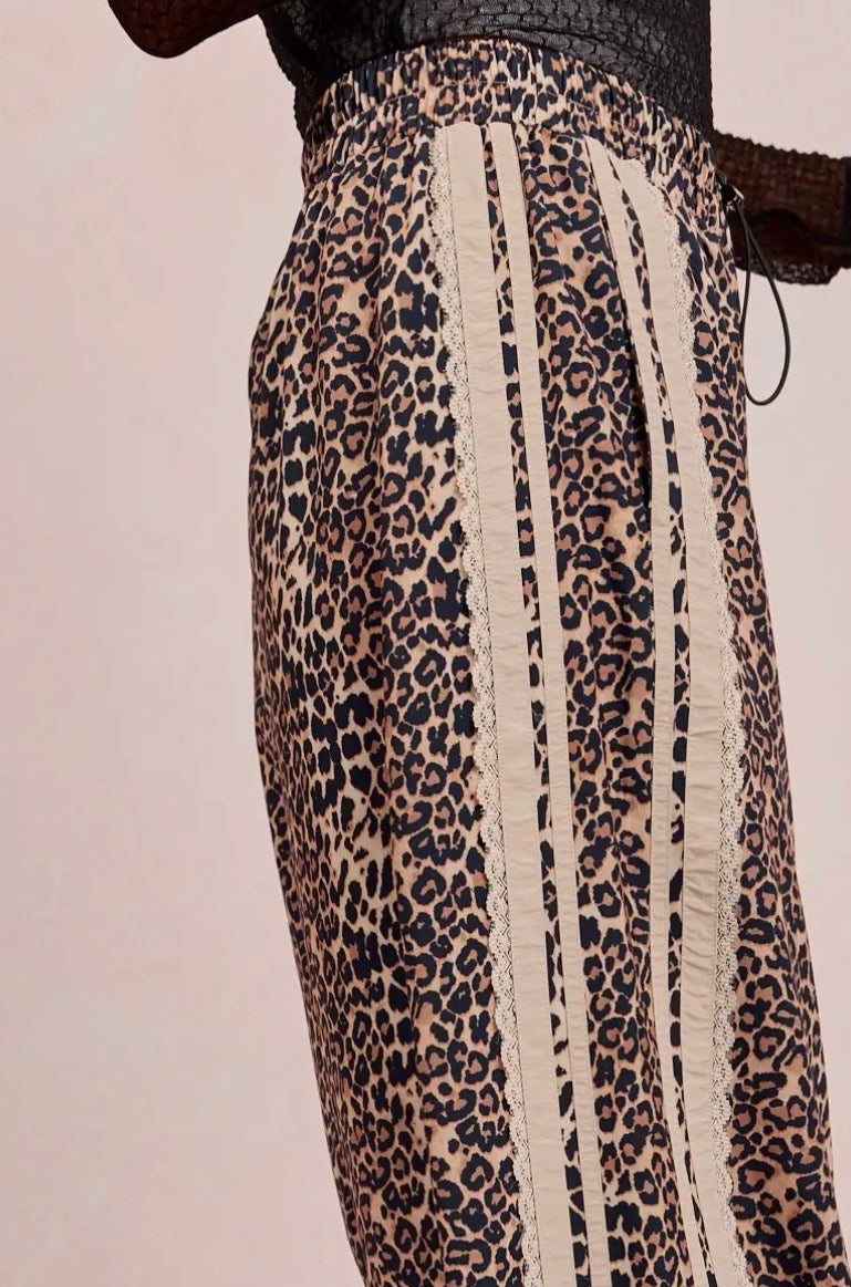 Leopard Track Pants w/Lace Contrast Side