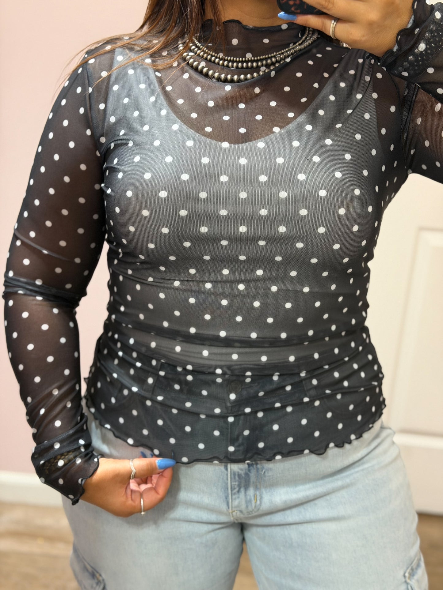 Polka Dot Mesh Top, Black