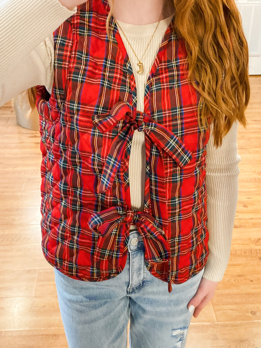Plaid Quilted Ribbon Tie Vest
