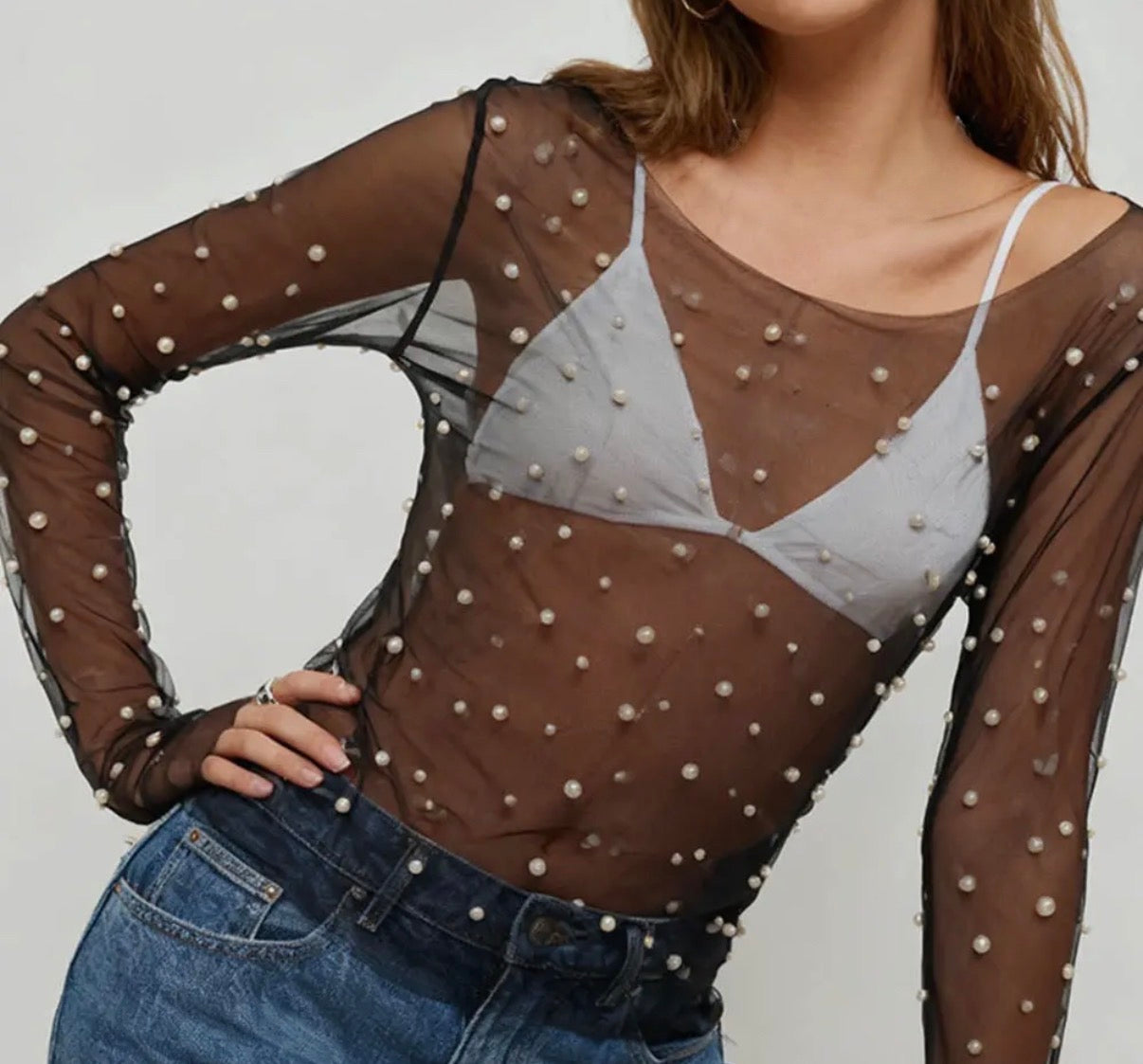 Pearl Embellished Sheer Top, Black
