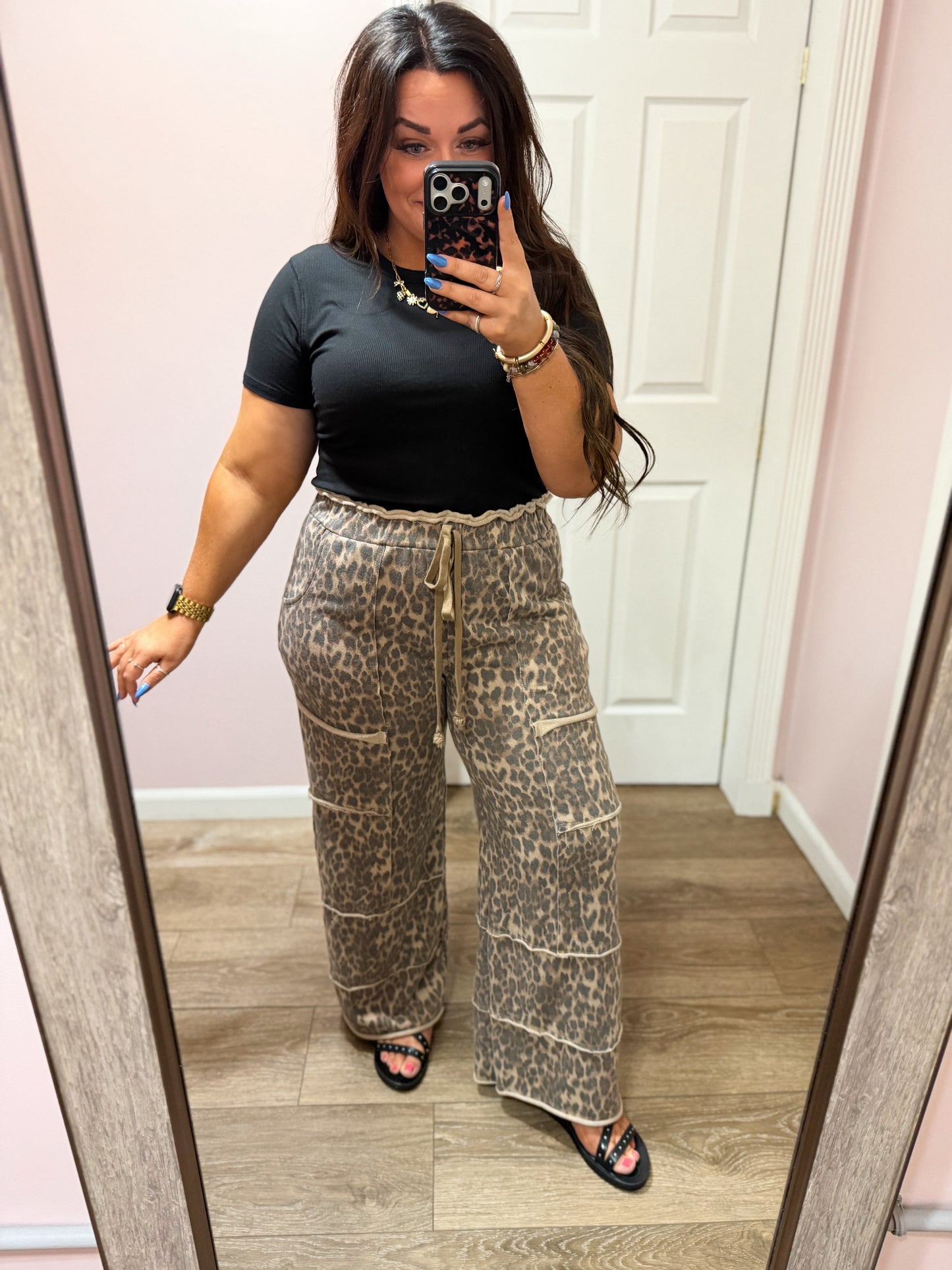 Paige Leopard Wide Leg Pants, Mocha