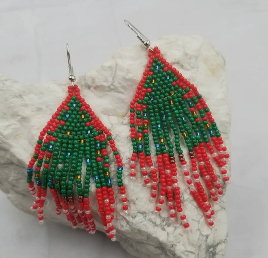 Beaded Fringe Christmas Tree Earrings