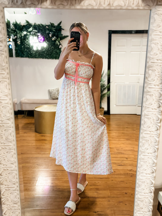 Floral Bow Pattern Midi Dress