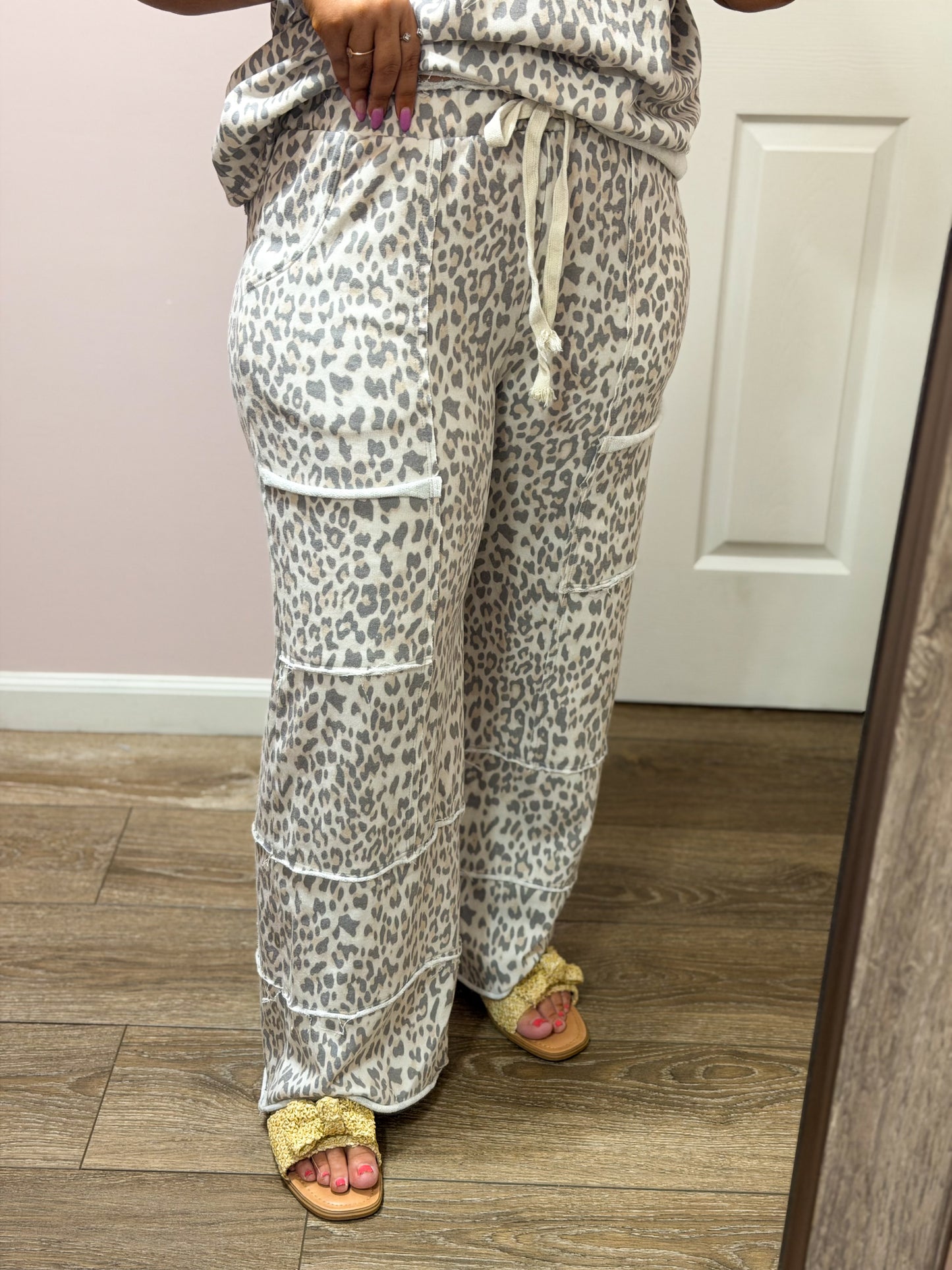 Paige Leopard Wide Leg Pants, Cream