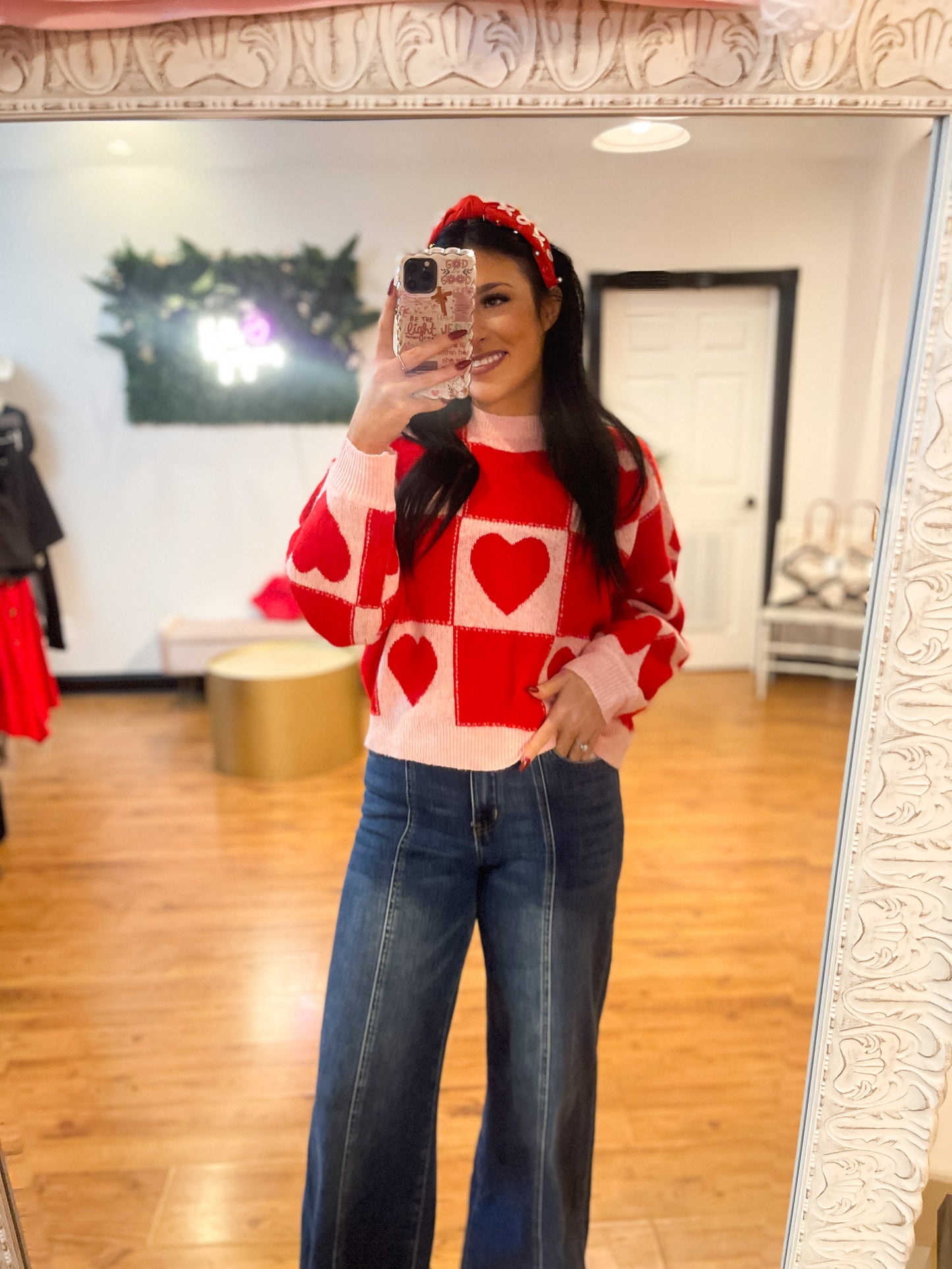 Heart Checkered Pattern Knit Sweater