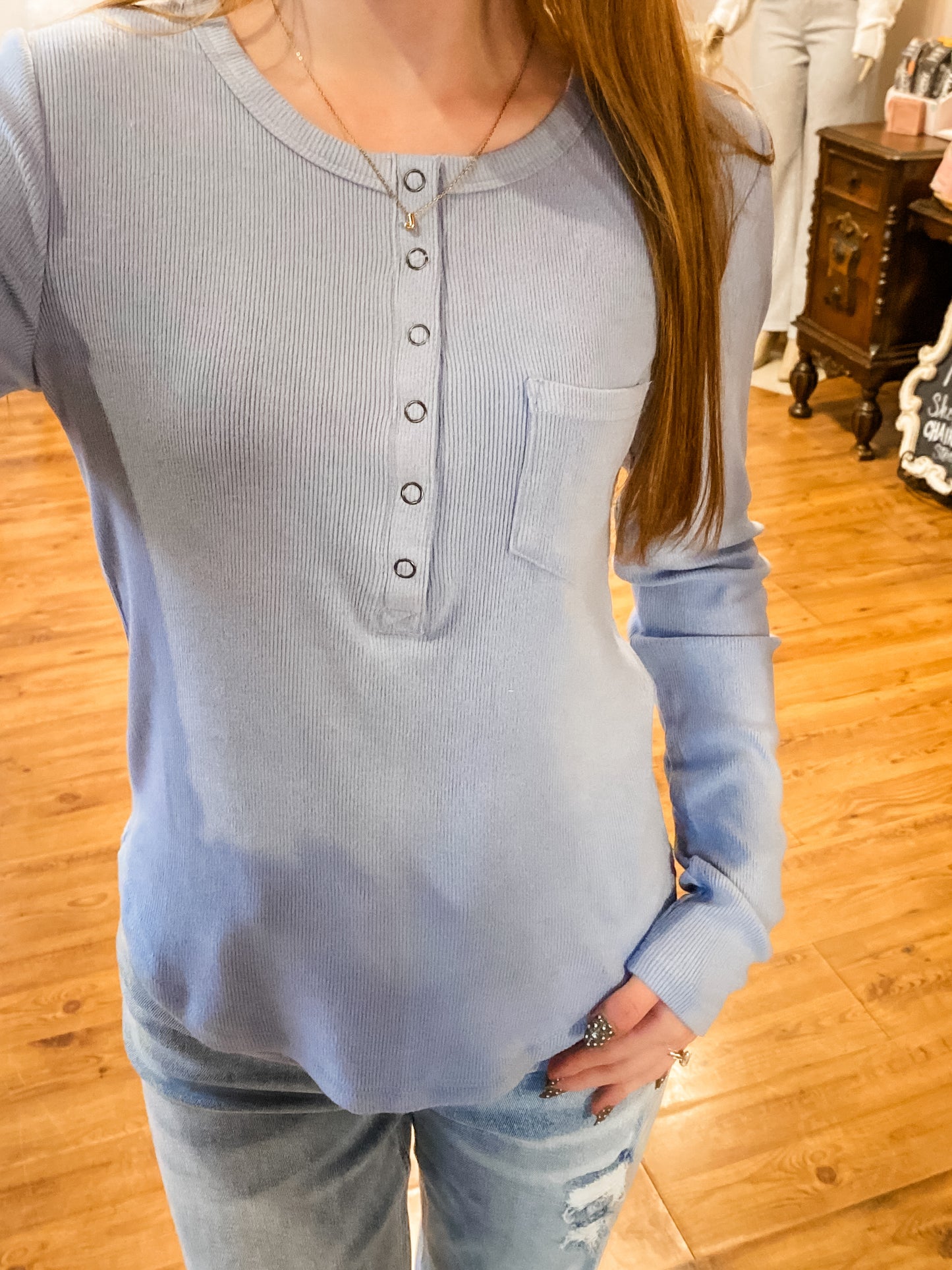 Snap Button Ribbed Top, Sky