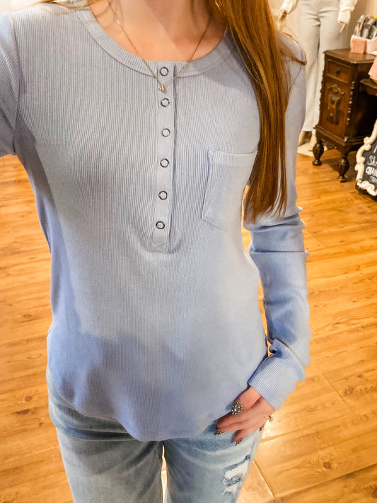 Snap Button Ribbed Top, Sky