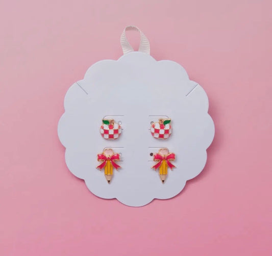 Pencil & Apple Stud Earring Set