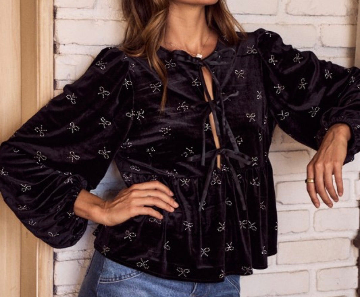 Bow Embellished Velvet Top