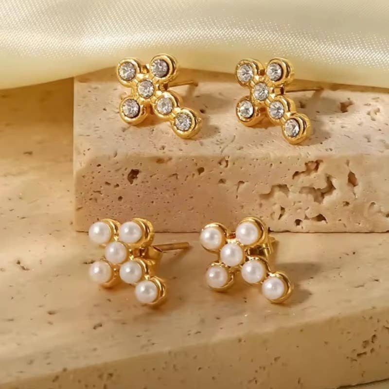 Pearl Cross Stud Earrings