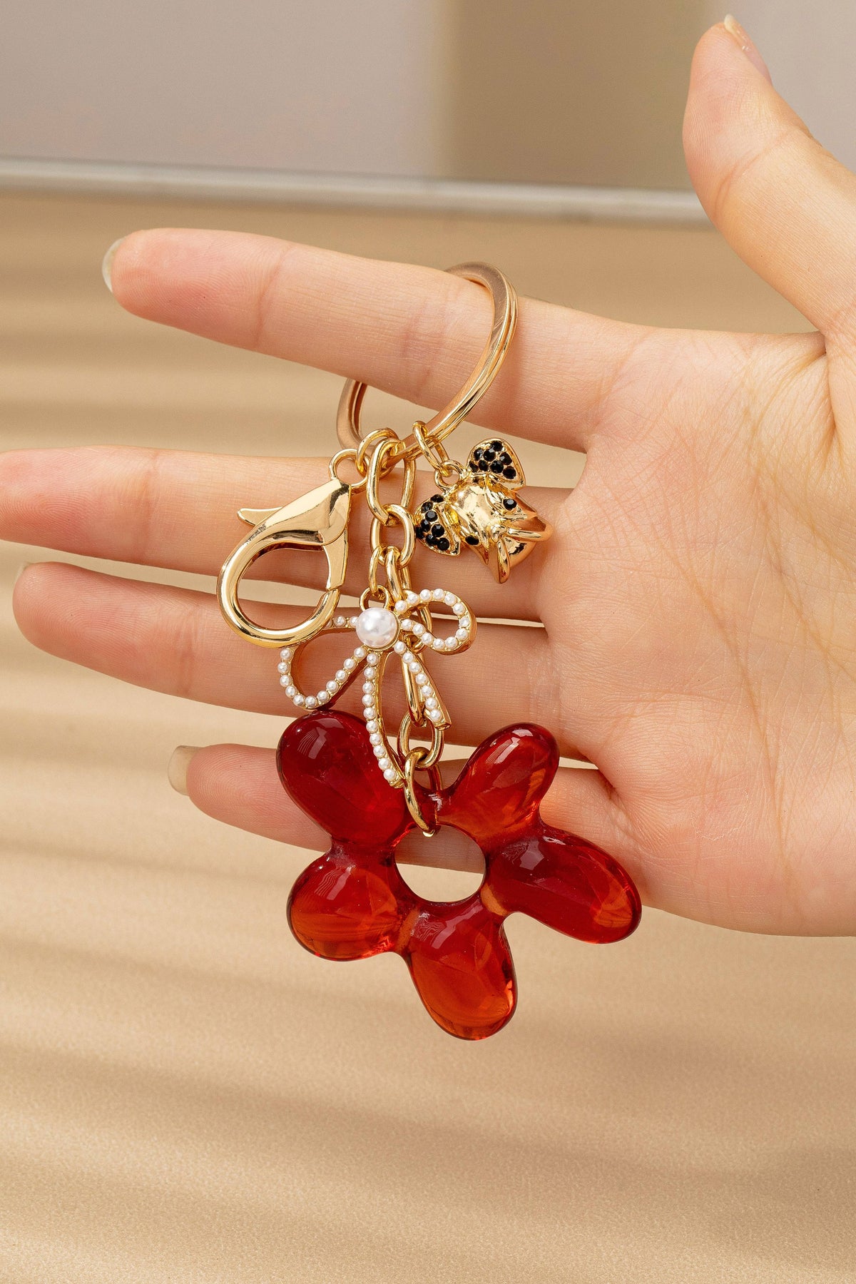 BAG CHARM KEY CHAIN-RESIN FLORAL BOW DOG