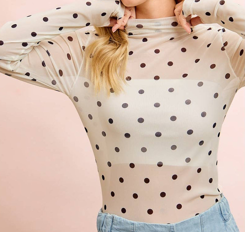 Mock Neck Polka Dot Sheer Top