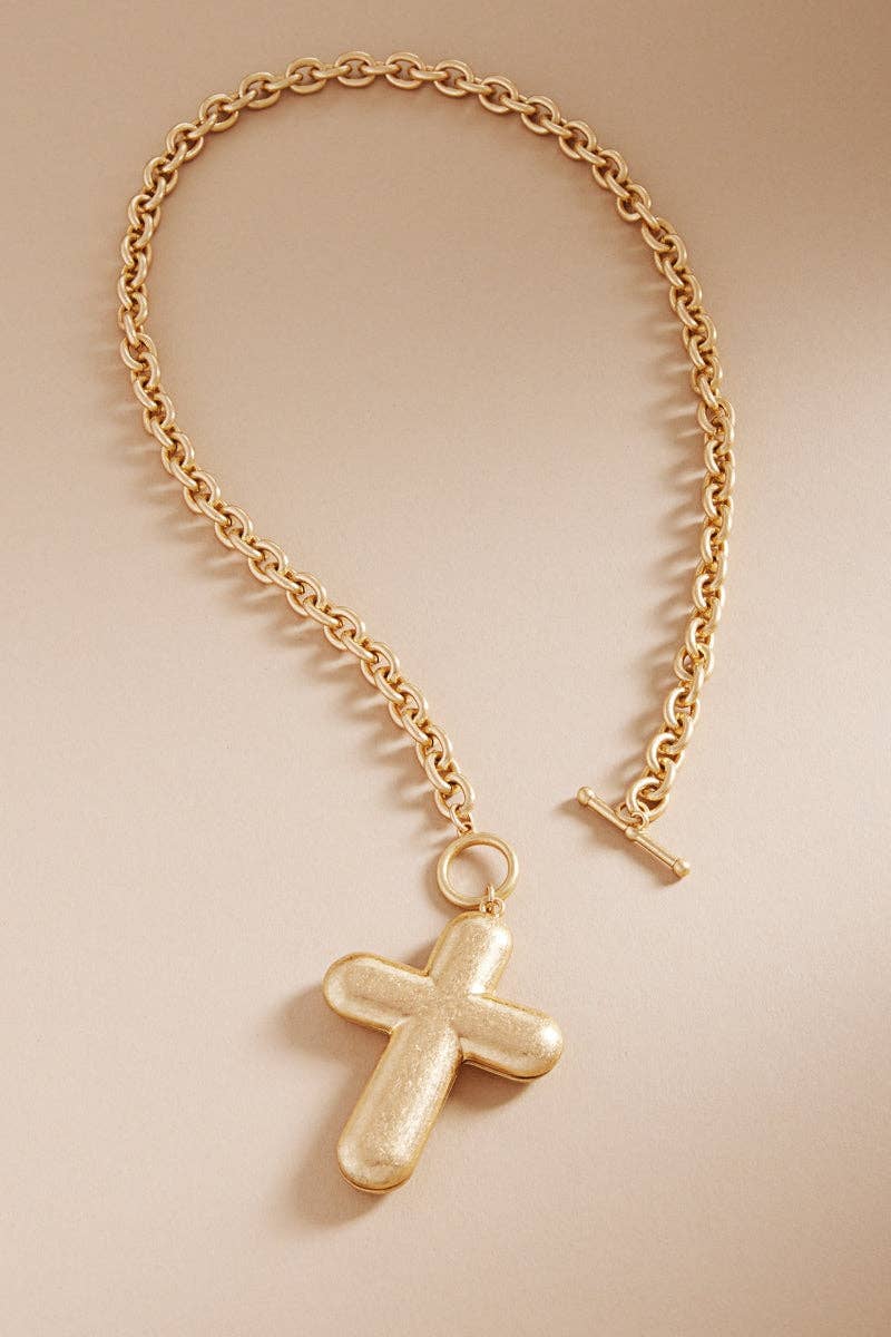 Puffy Cross Metal Toggle Clasp Short Necklace
