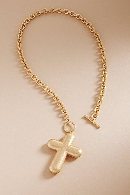 Puffy Cross Metal Toggle Clasp Short Necklace