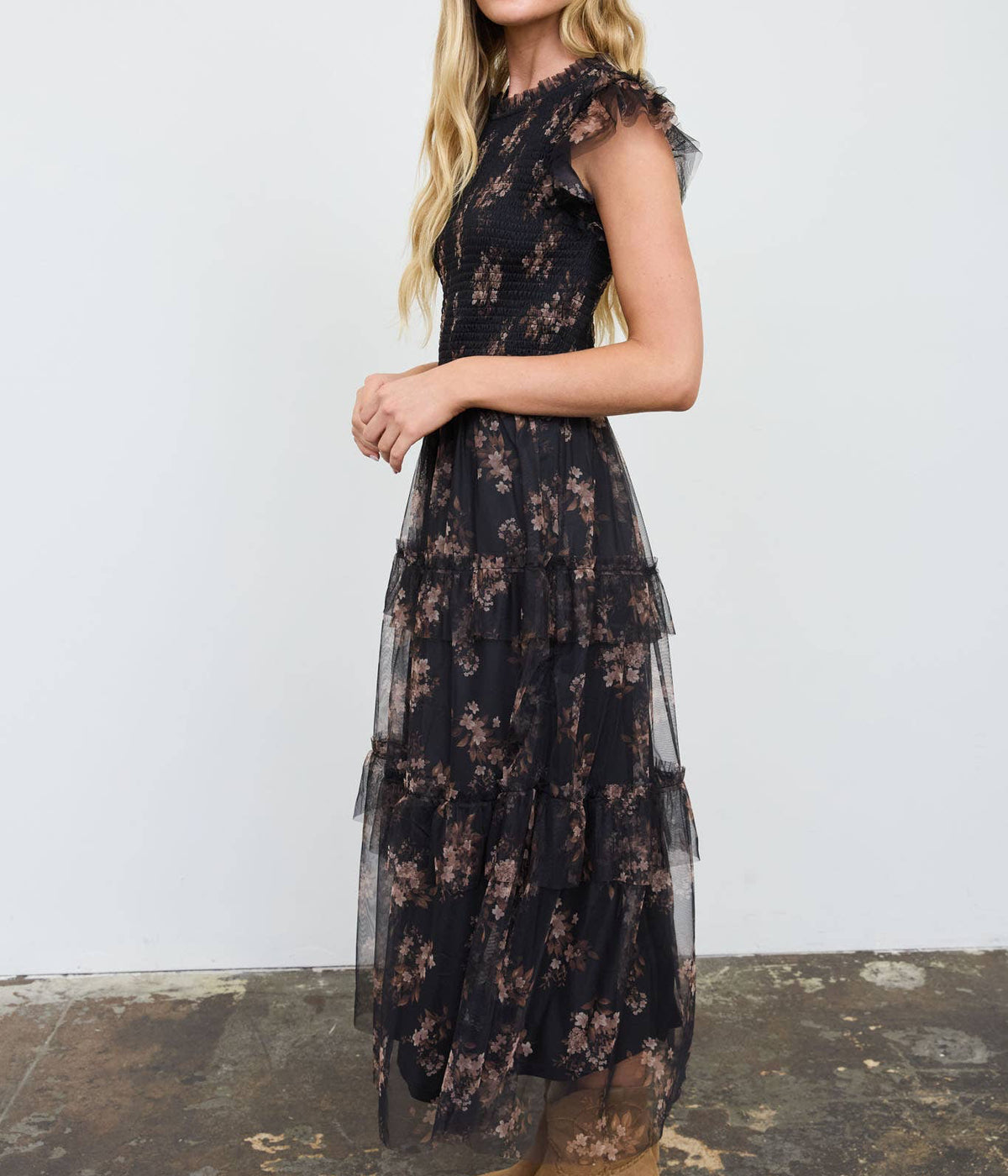 SMOCKED RUFFLE TIERED FLORAL MIDI DRESS