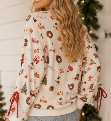 Christmas Icons Print Ribbon Sleeve Sweatshirt
