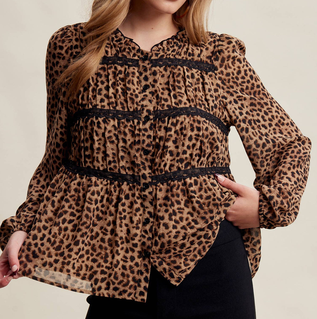 Leopard Print Lace Trim Blouse