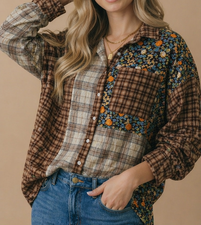 Autumn Vibe Button Down Color Block Top
