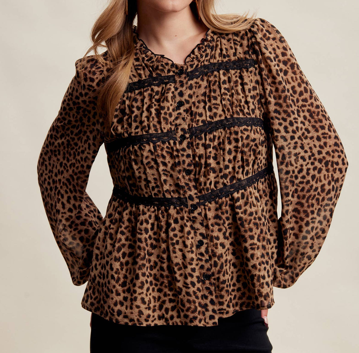 Leopard Print Lace Trim Blouse