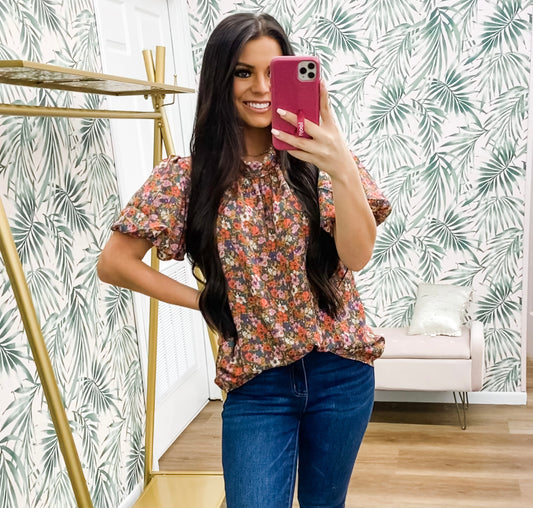 Gold Floral Mock/Tie Neck Blouse